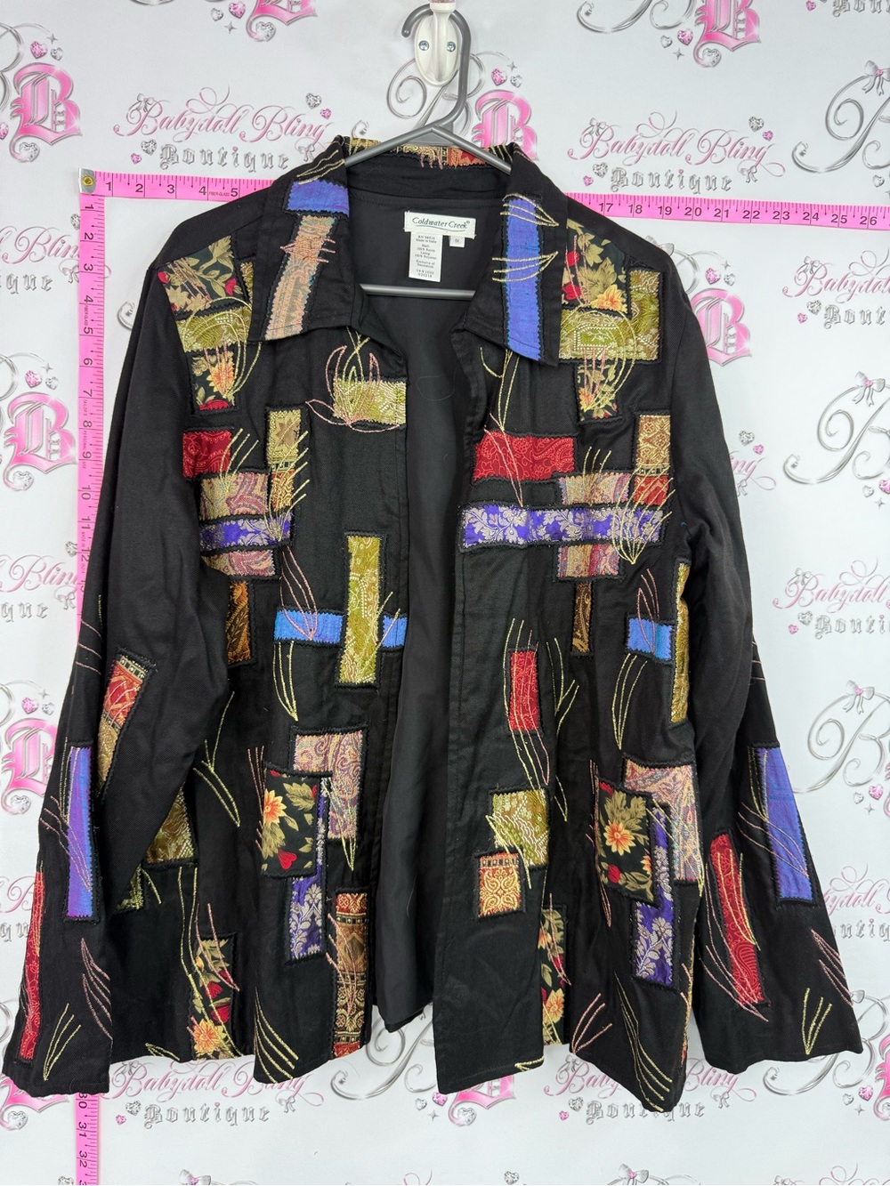 Coldwater Creek patch Black Patchwork Embroidered Jacket with Multicolor Accents